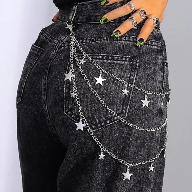 Layered Pants Chains Sliver Stars Pendant Jean Chains Goth Punk Wallet Chain Heavy Biker Pocket Chain for Women and Men