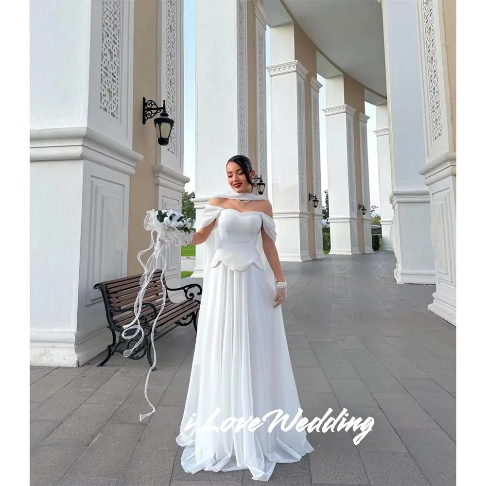 ホワイトプリーツ Aライン ショール付き プロムドレス シンプル オフショルダー ベスティドス デ ノーチェ フロアレングス フォーマル イブニング プリーツ カスタマイズ