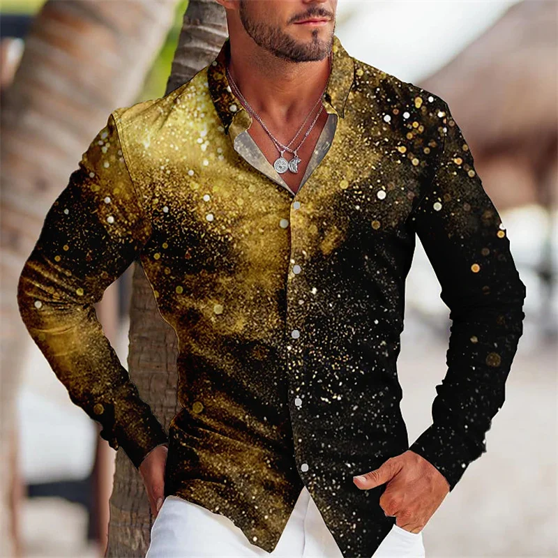 2023 New Men\'s Shirt Party Style 3D Gold Printed Shirt Long Sleeve Button Lapel Top Men\'s Casual Shirt plus size shirt men