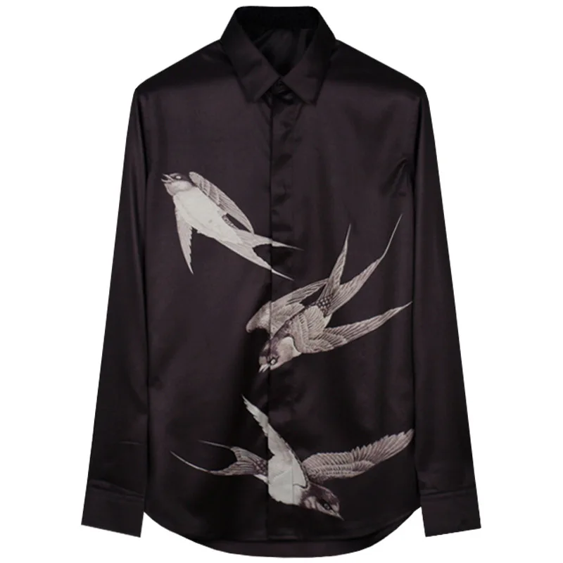 Luxury Silk Swallow Print Shirt Men 2023 Autumn Long Sleeved slim Casual Business Dress Shirt Vintage Social Party Tuxedo Blouse