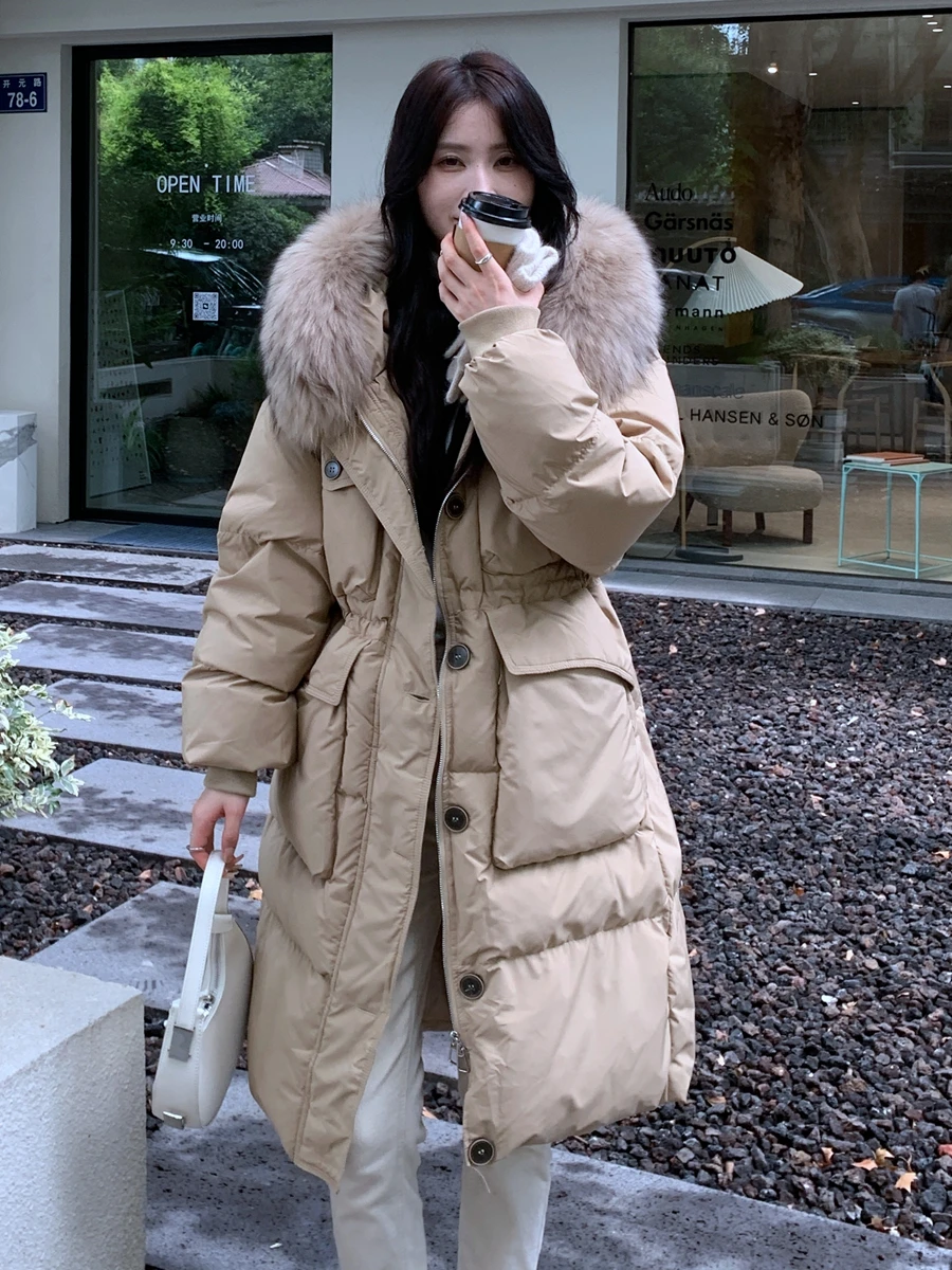 Women Big Fur Collar Hooded Long Down Jacket Winter 2023 New Single-Breasted Cinched Thicken White Duck Down Over-the-Knee Coat