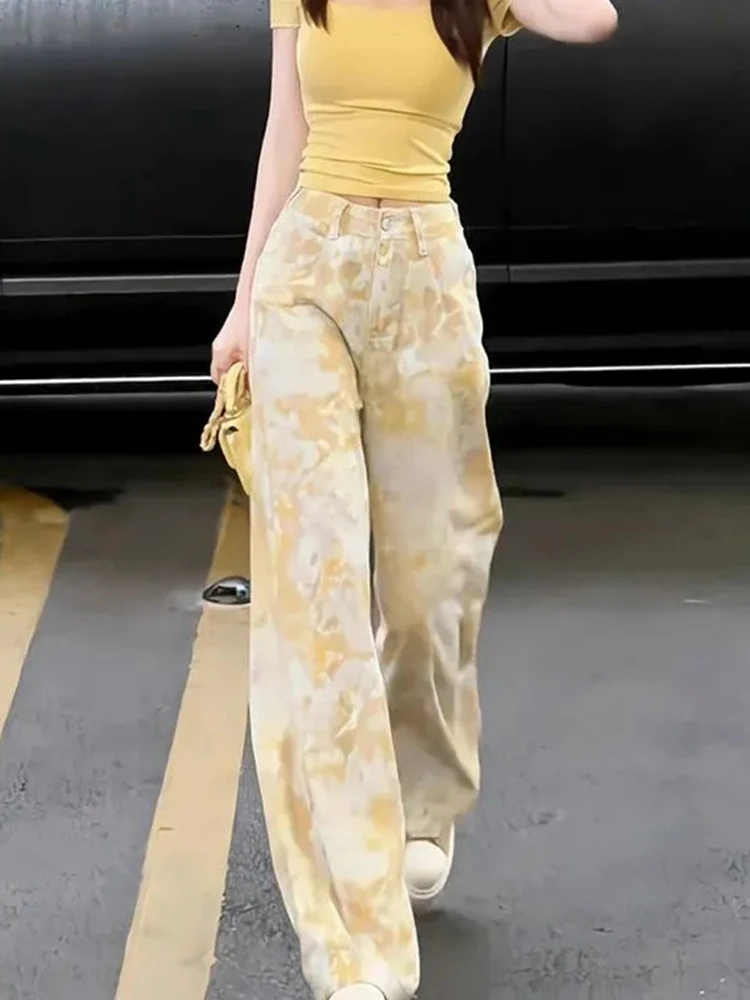 Tie Dye Vrouwen Y2k Jeans Streetwear Losse Hoge Taille Vintage Denim Broek Harajuku Retro Amerikaanse Casual Gele Broek Nieuw