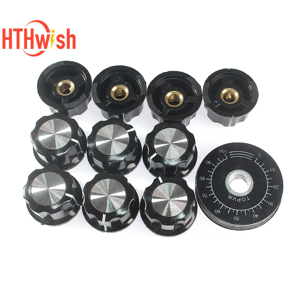 10 Sets Potentiometer Knob Kit 6mm MF-A03 Dial Knob and MF-A03 Bakelite Knob Scale Plate Sheet Digital Potentiometer Set