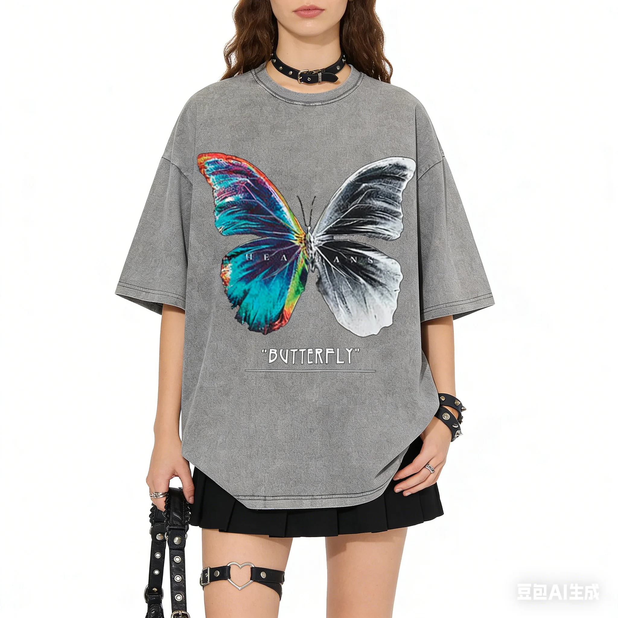 Camisetas de algodón lavado para mujer, camisetas holgadas con cuello redondo, estampado de mariposa a medio color, mitad blanco y mitad negro, ropa de verano