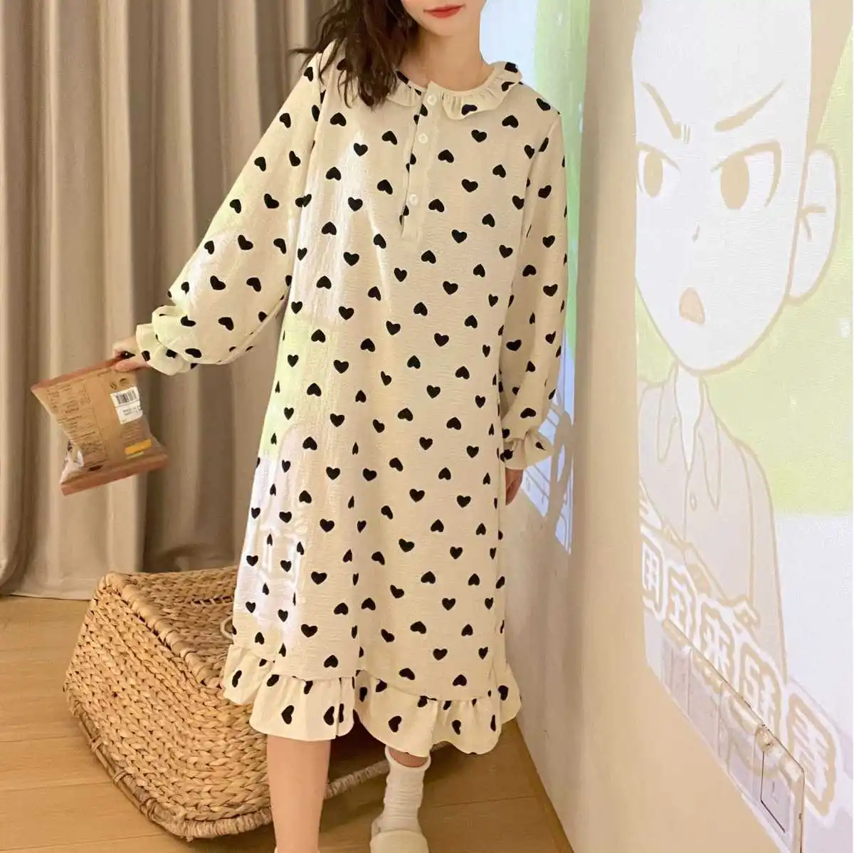 

Женская ночная рубашка для весны и лета, кружевная, с круглым вырезом, длинными рукавами, домашняя одежда, японская пижама, удобная ночнушка