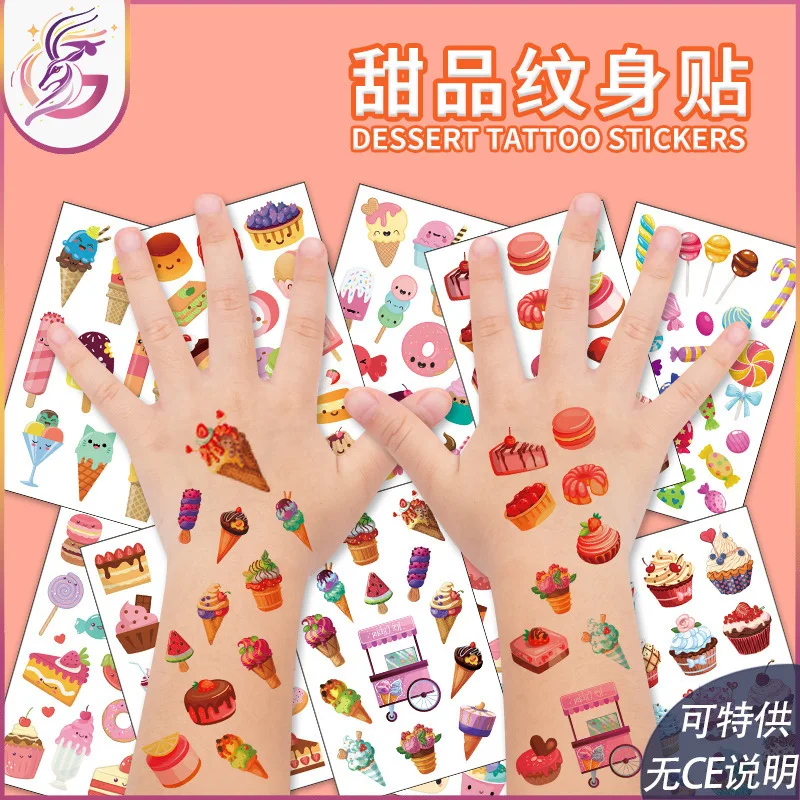 Autocollant de tatouage de gâteau imprimé couleur, autocollant de tatouage temporaire jetable pour enfants, mignon Dessert crème glacée cicatrice, dessin animé