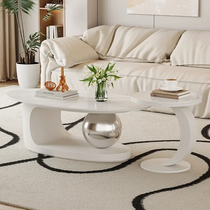 Minimalist Cream Style Oval Sintered Stone Coffee Table Italian Design Combination Side Table for Living Room Small Apartment