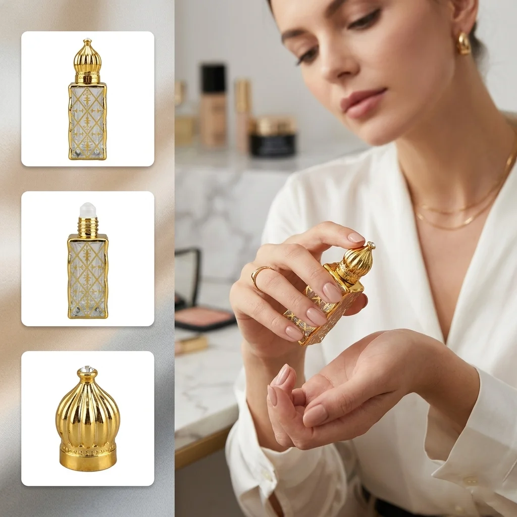 Botella de perfume de vidrio de 12 ml con roll-on, vacía, recargable, para aceites esenciales, grabada con diseño árabe de Oriente Medio, frasco de viaje.