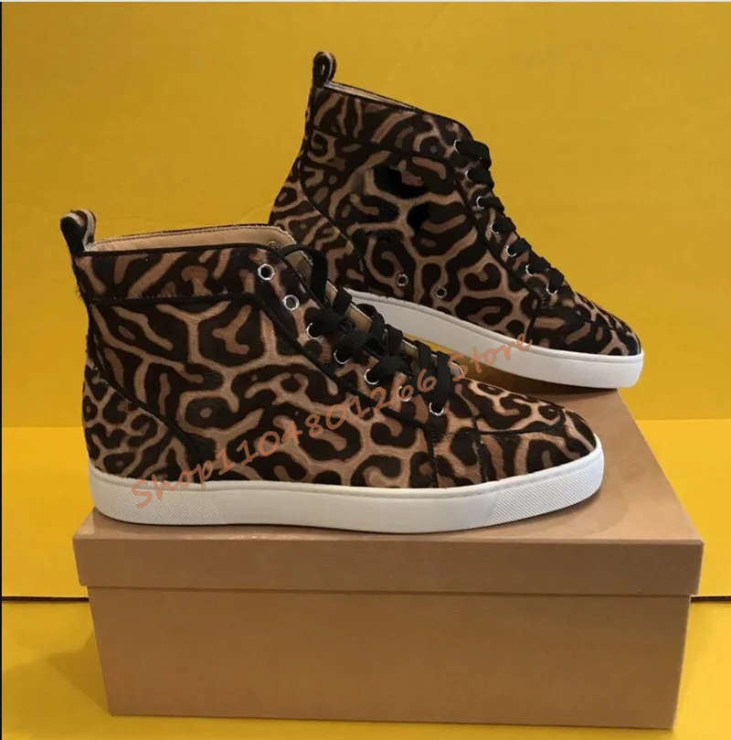 

Leopard Printed High Top Sneakers Men Women Driving Shoes Lace Up Yellow Casual Skateboard Shoes Fashion Footwear