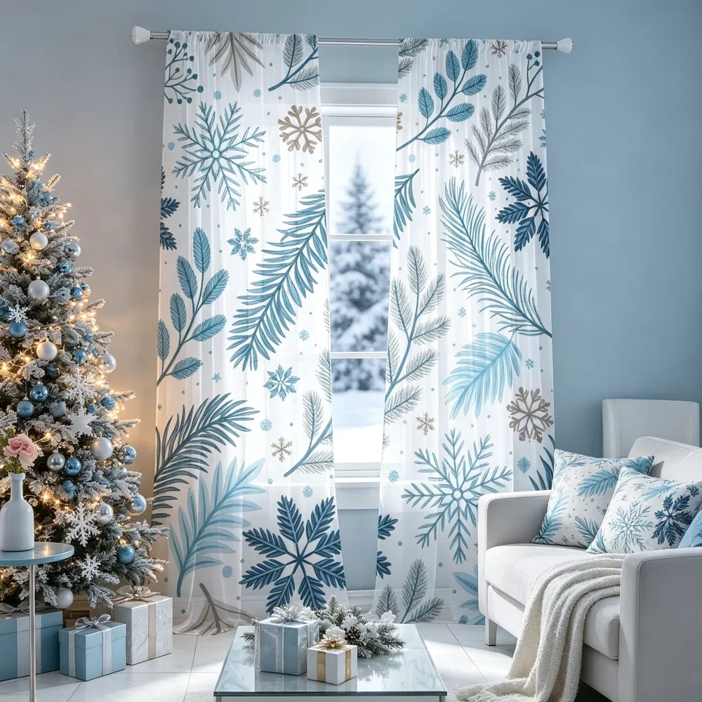 Blue and Green Winter Floral Pattern Curtains for Living Room Home Decor Light Filtering Window Panels