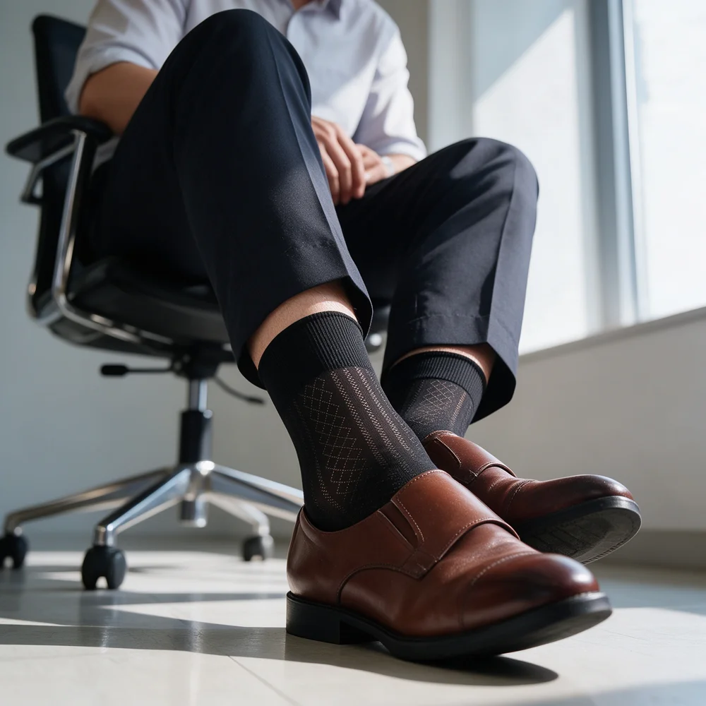 Men's Thin Dress Socks Breathable Diamond Mesh Mid-Calf Business Formal Suit Socks Silky Soft for Office Wedding Party