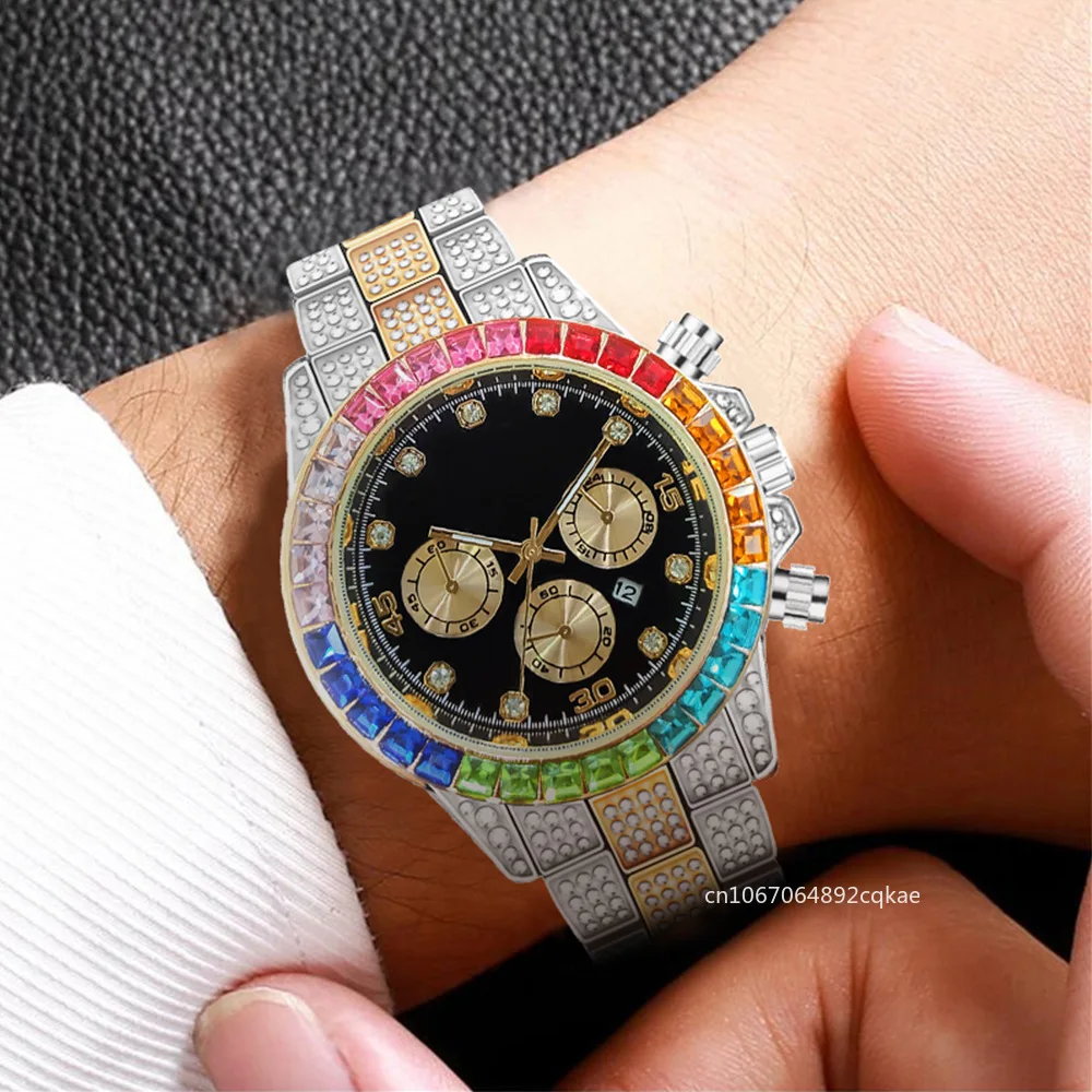 Luxury Men Watches Colorful Quartz Wristwatches Rhinestone Watch Calendar Watch Male Clock Gift Relogios Masculino Montre Homme