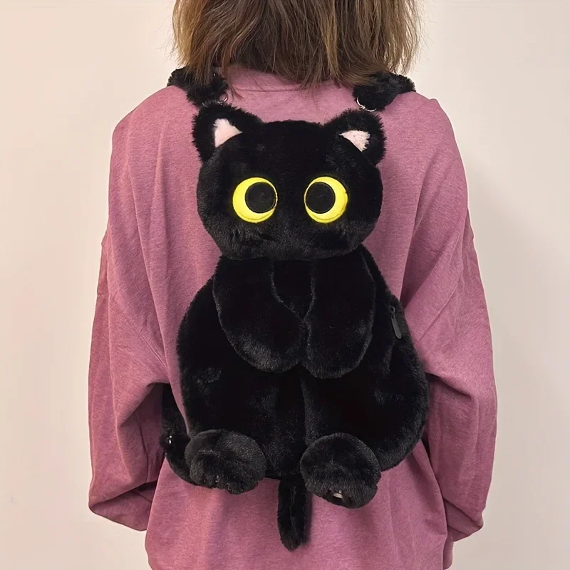 Schwarze Katze Rucksäcke Große Augen Kätzchen Puppe Plüsch Kawaii Kuscheltiere Umhängetasche Große Kapazität Stofftier Mode Umhängetasche – Detail 6