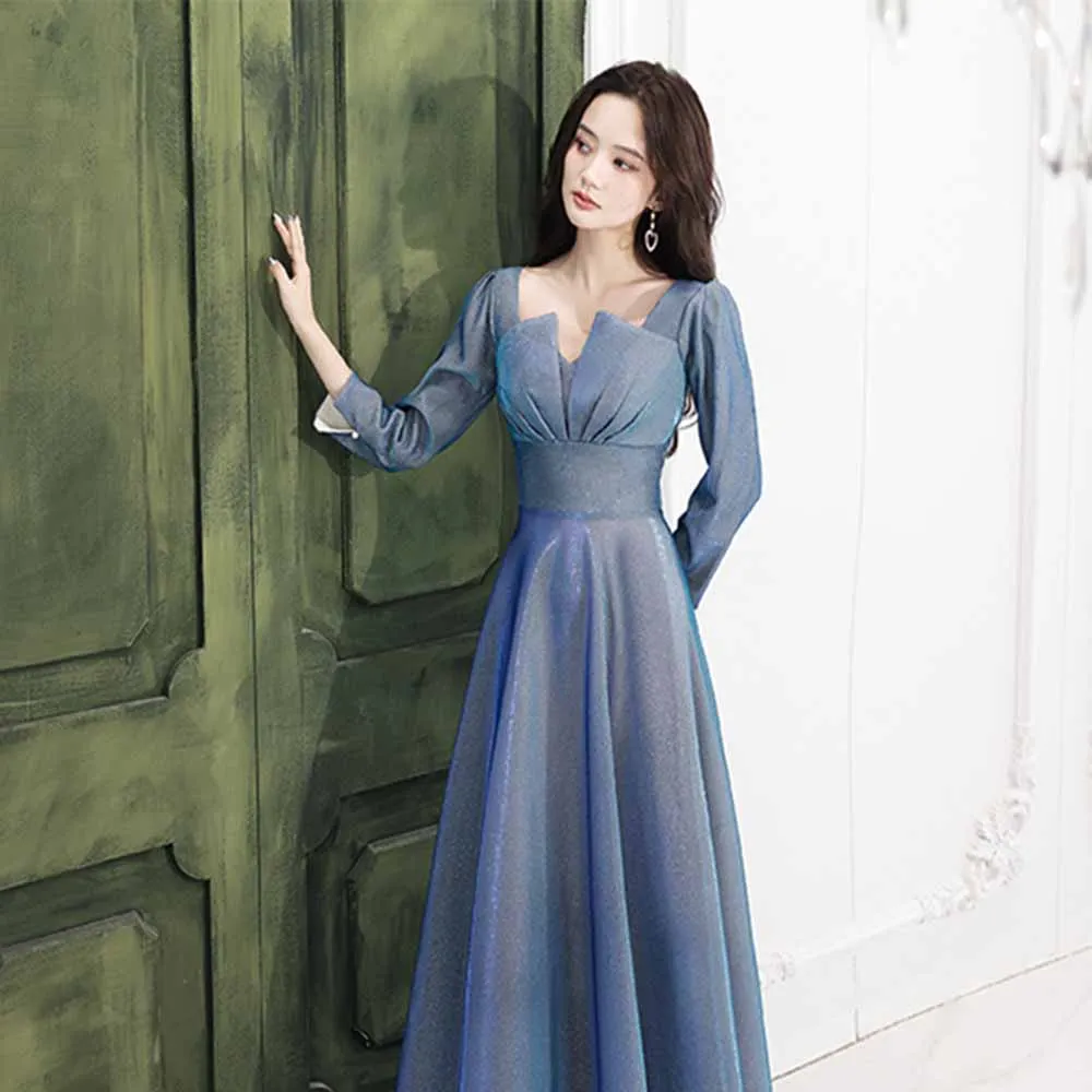 Elegant Blue Reflective Fabric Evening Dress Women's Square Collar Long Sleeves Pleated Design Slim Fit Simple A-line Vestido