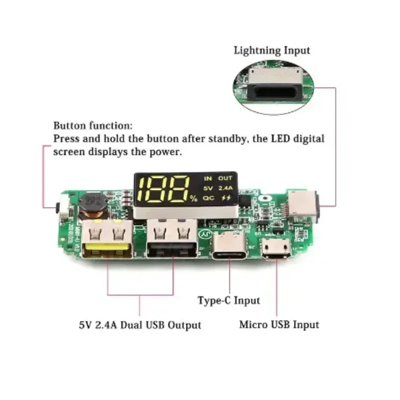 

Dual USB 5V 2.4A Micro/Type - C USB 18650 Charging Module, LED Lithium Battery Charger Board for Mobile Power Bank
