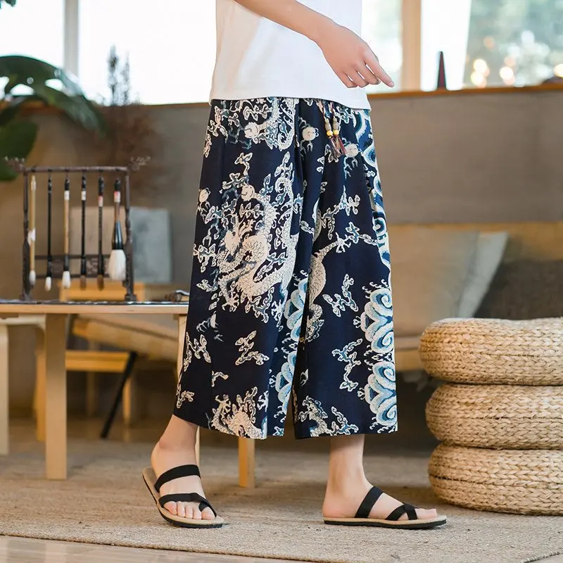 

Мужские свободные льняные брюки 7/8 длины с этническим узором дракона и цветочным принтом, прямые, со средней талией, для пляжа и повседневной носки