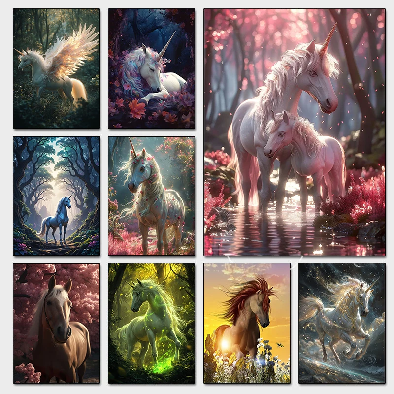 Pósteres modernos y coloridos de unicornio de cuento de hadas en el bosque, impresiones de caballos de ensueño mágicos, impresión en lienzo, imagen artística de pared, decoración de Hoom Rome