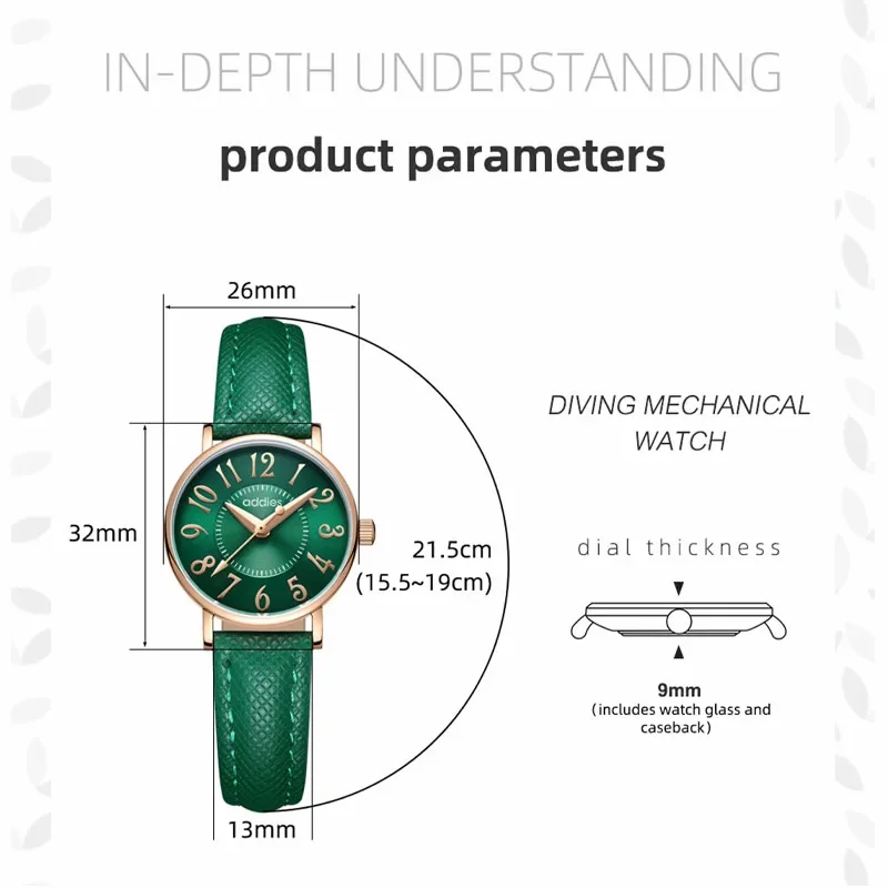 ADDIES 여성용 쿼츠 손목시계, 럭셔리 브랜드, 로즈 골드, 스테인레스 스틸, 그린 크리스탈 팔찌, Relogio Feminino