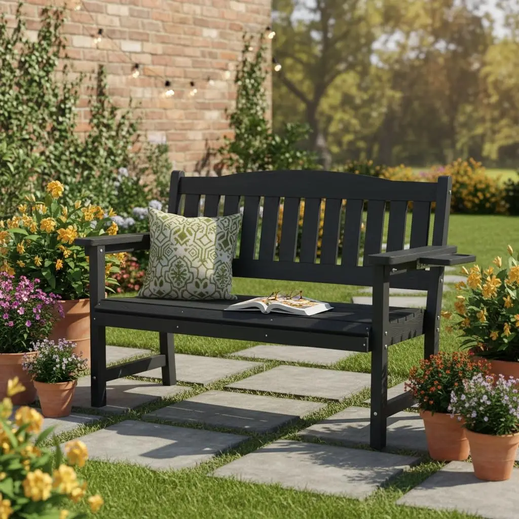 2-Person HIPS Outdoor Bench, Weatherproof Garden Bench with 800 lbs Weight Capacity, Artificial Wood Grains, Never Rot
