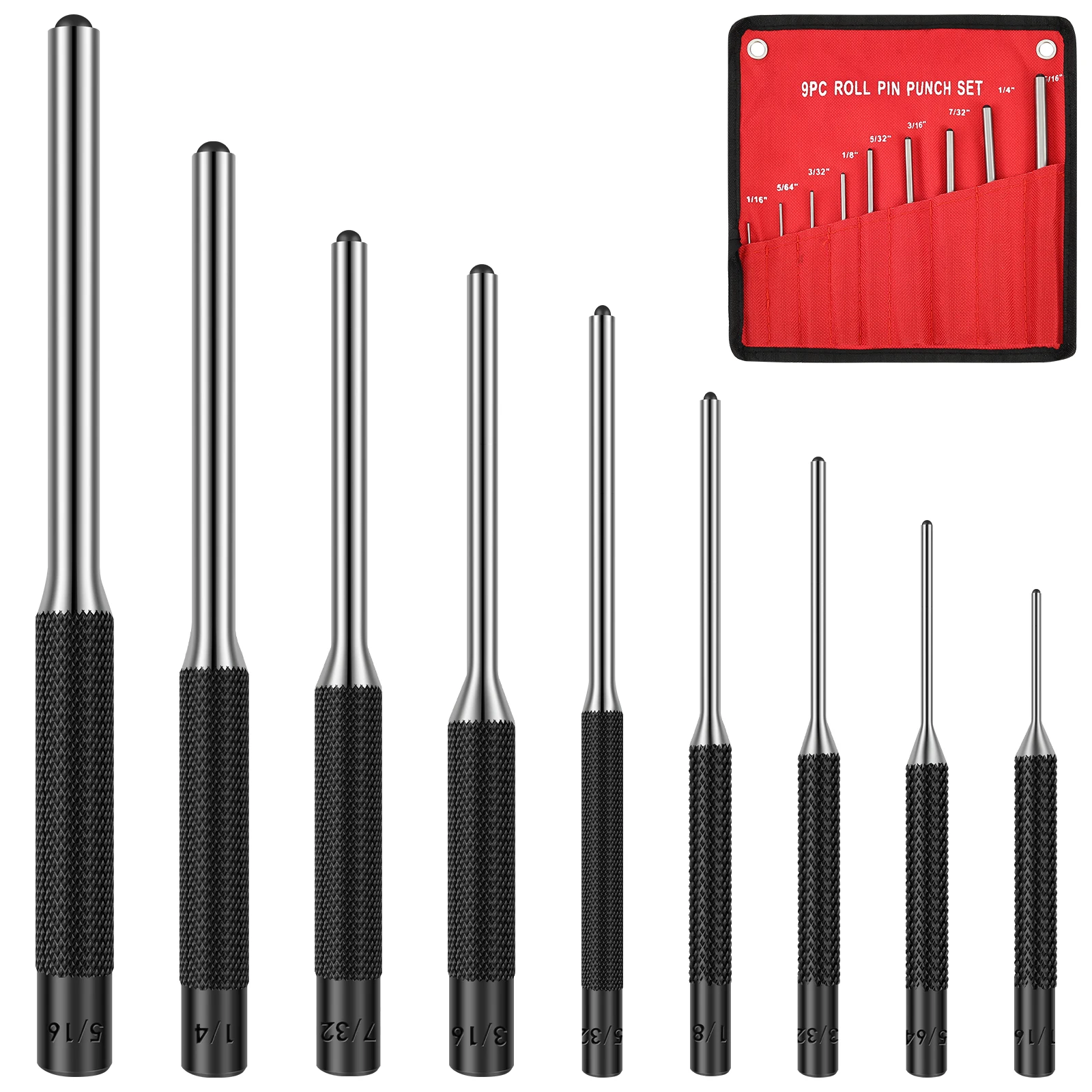 9 Pcs Roll Pin Punch Set Chrome Vanadium Steel Pin Punch Set Removing Repair Tools with Storage Pouches Heat Treated Pin Punches