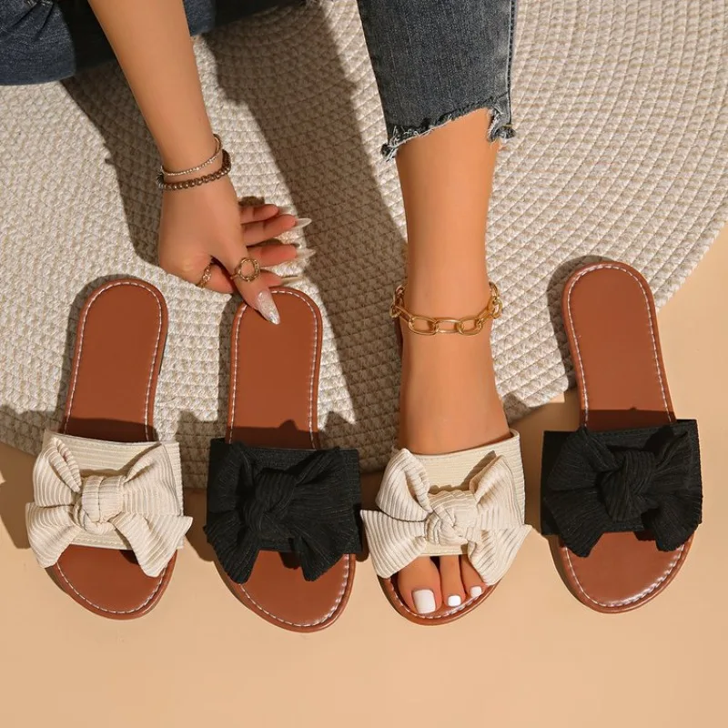 

2026 Summer Fashion Women's Slippers New Big Bowknot Casual Sandals Women Luxury Soft Leisure Comfort Breathable Beach Shoes