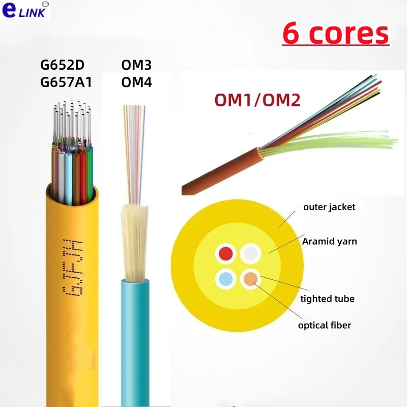 fiber optic cable 6 cores bundle GJFJV-6 indoor G652D G657A OM1 OM2 OM3 OM4 50/125 62.5/125um SM MM 6 fibers wire ELINK 100Mtr