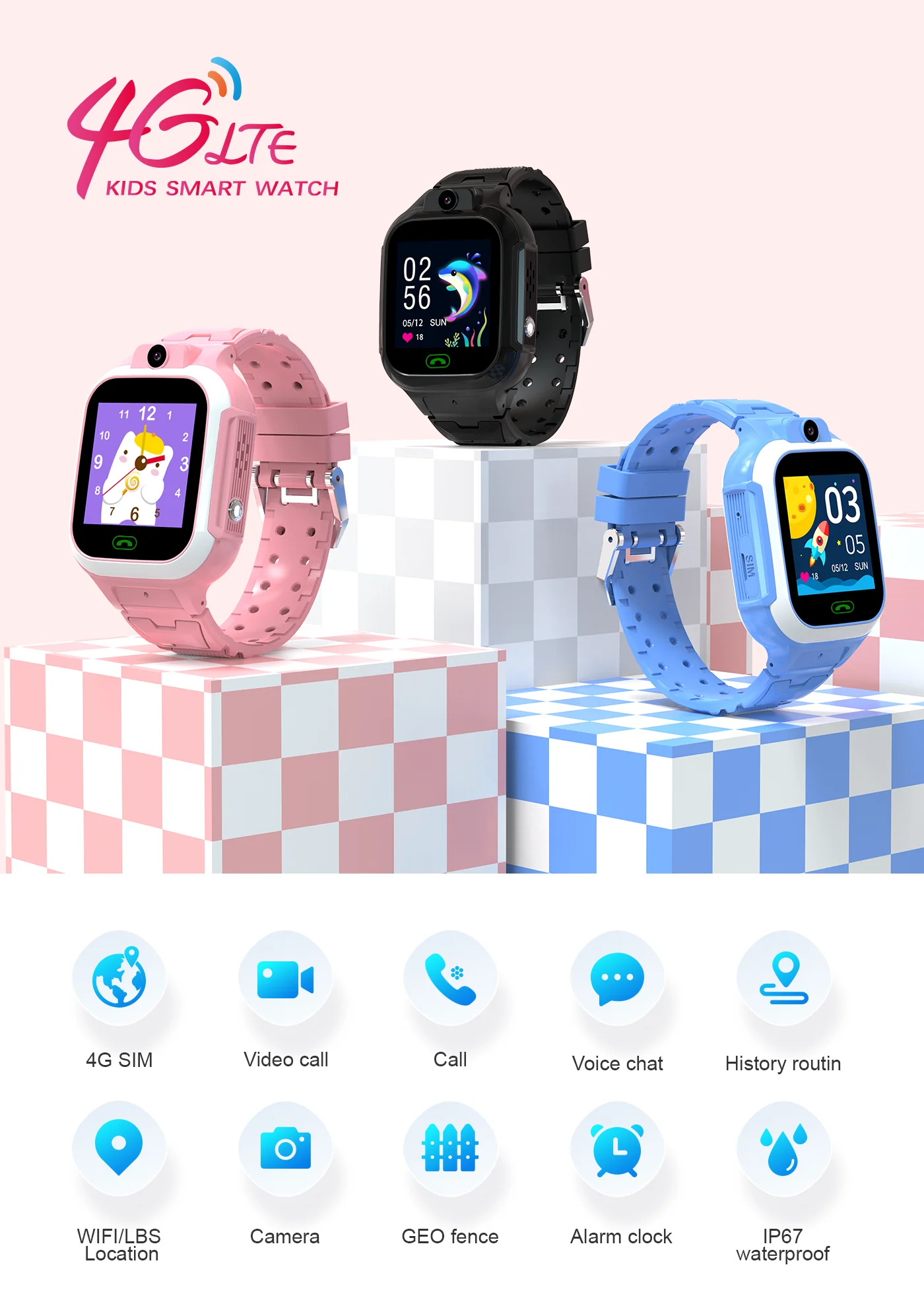 4G dzieci Smart Watch SOS lokalizator GPS karty Sim na czacie z funkcją czatu IP67 wodoodporny Smartwatch dla dzieci