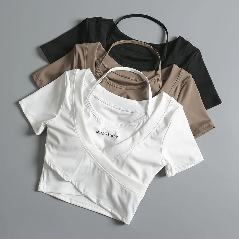 Summer Sports Crop T Shir Women Fashion with Chest Pads Slim Yoga Tops Korean Streetwear Simple Casual Halter Fake Tees New