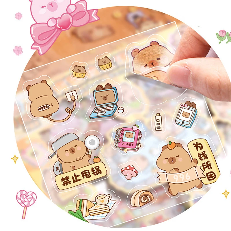 100pcs Kawaii Capybara Sticker Waterproof PET Gift Box Sticker Scrapbook Stickers Pack Diary Decoration Children\'s Stickers