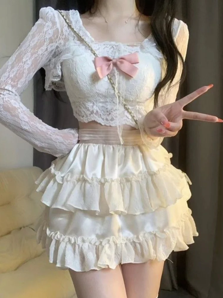 Imagem -03 - Lolita Japonês Saia de Renda para Mulheres Saias de Cintura Alta Laço Feminino Elegante Doce Festa Kawaii Conjunto de Peças Verão 2023