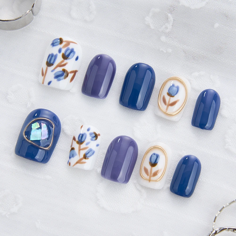 

10pcs Handmade Press on Nails Blue and White Porcelain Short Ladder Full Coverage Nail for Women&Girl Removable Wearable Nail