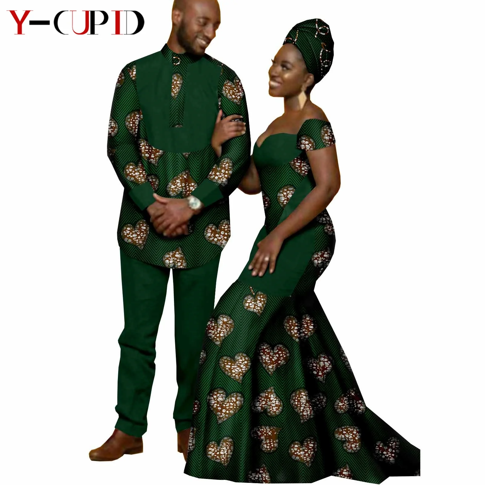 African Print Long Mermaid Dresses for Women Matching Men Outfits Dashiki Top and Pants Sets Bazin Riche Couples Clothes Y22C026