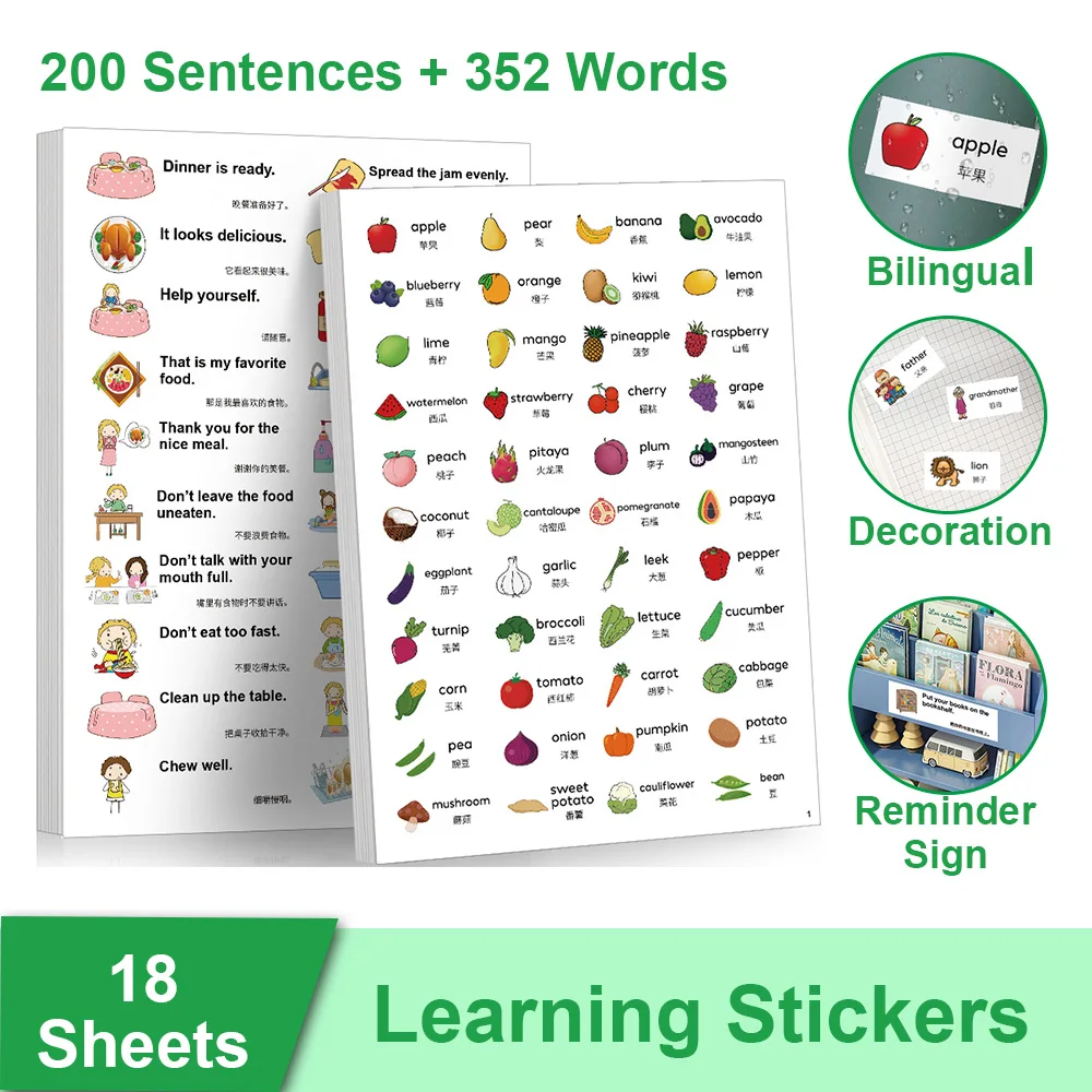 18 Sheet Kids Learning Stickers Family Daily Routines Sentences Common English Words Classroom Decoration Educational Toys