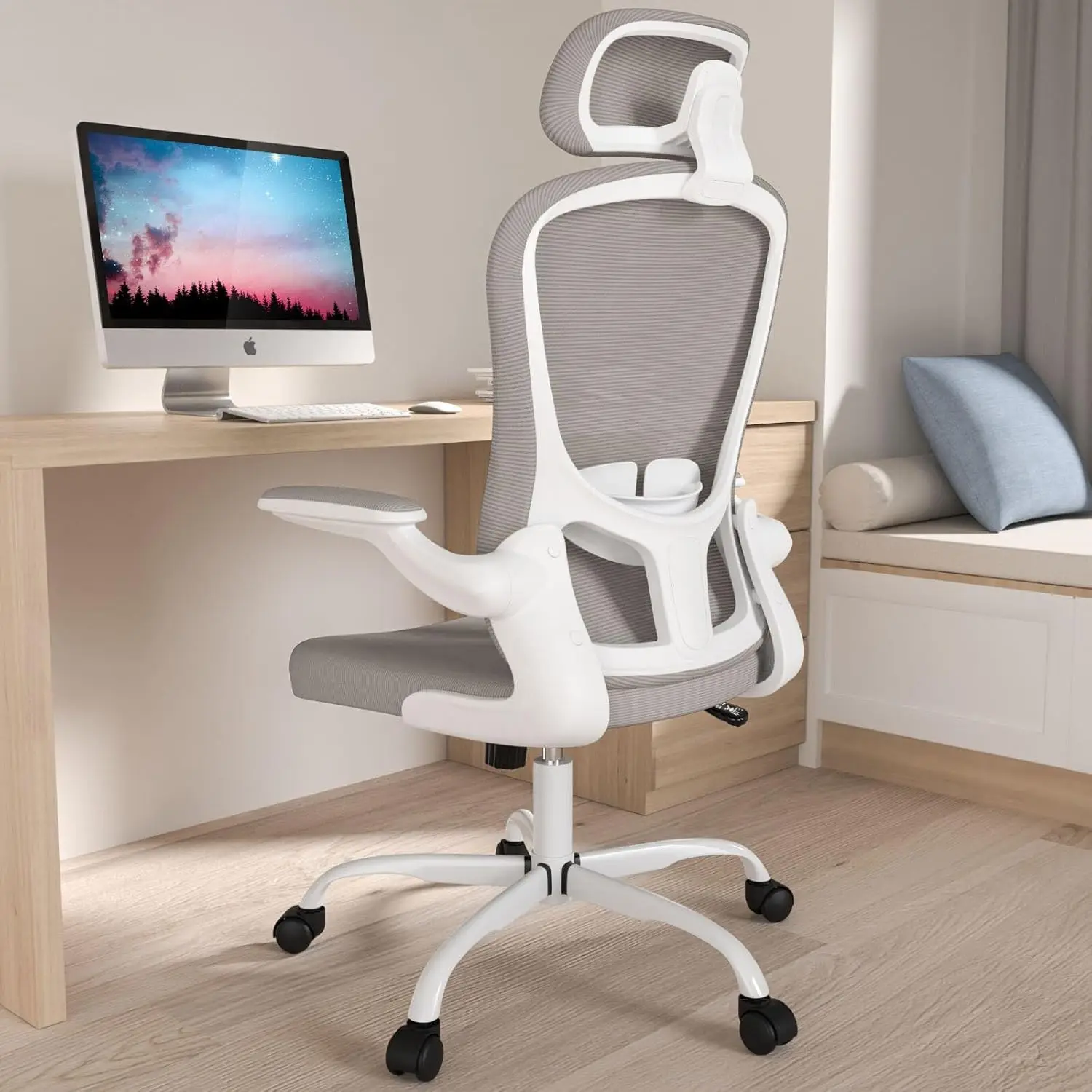 High Back Ergonomic Mesh Desk Chair, Adjustable Lumbar, Headrest, Flip-up Armrests, Swivel, Home Office Executive Chair