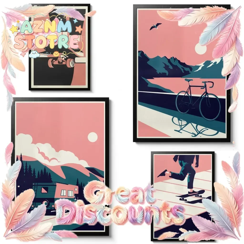 Modern Minimal Summertime Canvas Painting Wall Art Decor Travel Skateboard Bike Cycling RV Campervan Posters and Prints