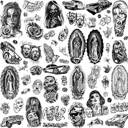 6 Sheets Large Chicano Temporary Tattoos For Men Women Adult Guadalupe Gangster Fake Tatoos Halloween Decoration Tattoo Mexico