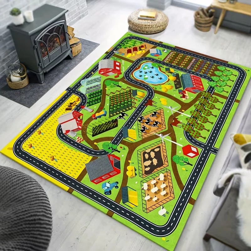 

Kids Farm Town Road Rug Educational Car Track Activity Carpet Soft Non-Slip Farm Animal Mat Interactive Game Rug for Playroom