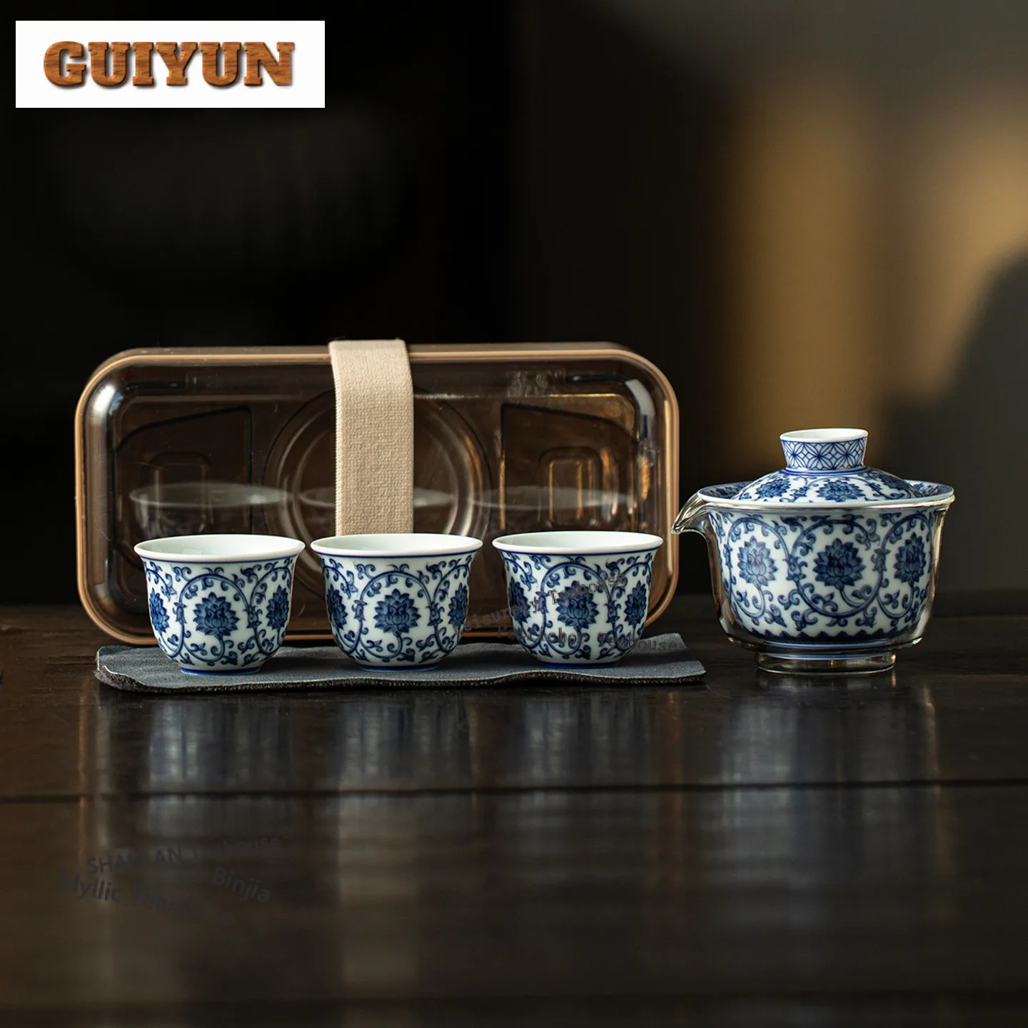 

Blue And White Glaze Travel Tea Set Kit Elegant 1 Bowl 3 Cups Tea Maker Organizer Portable Outdoor Handbag Supplies Collection