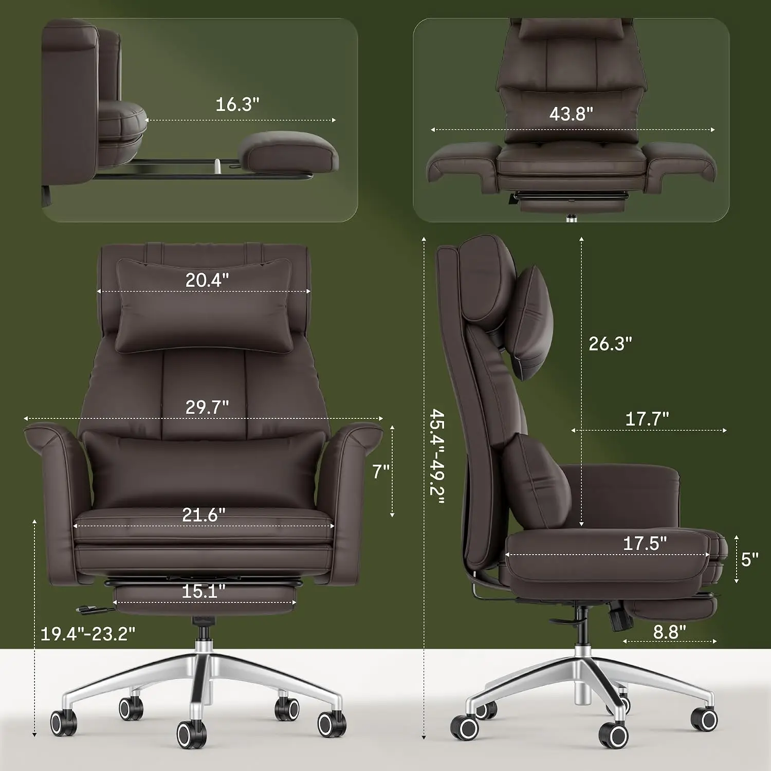 Chaise Lounge Chair with Wheels & Footrest, Expandable Seat for Home Office Living Room Gaming, Air Leather, Brown, Customized