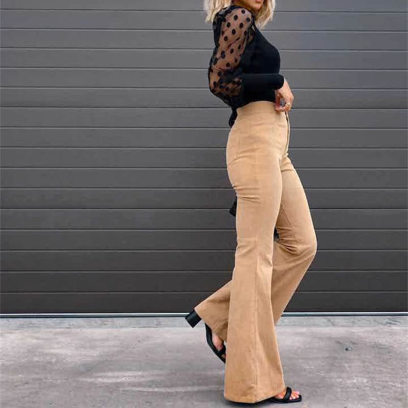 2023 Corduroy Casual Trousers Women Autumn Winter Solid High-waist Flare Pants Lady Slim Black Gray Khaki Orange Long Pants