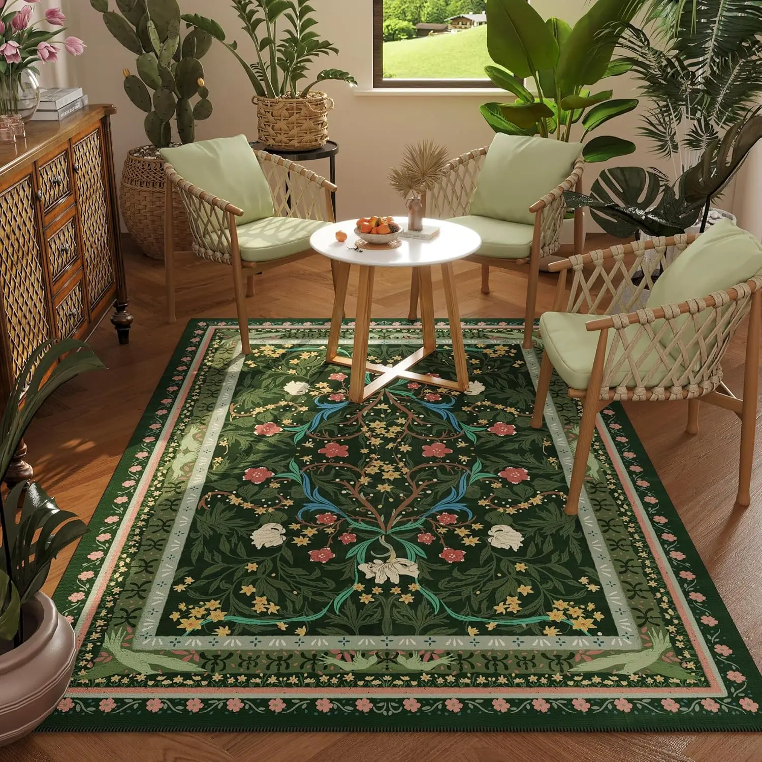 

Washable Vintage Floral Botanical Rugs Non Slip Low Pile Small Carpet for Bedroom, Bedside, Kids Room, Office, Dining Room,Green