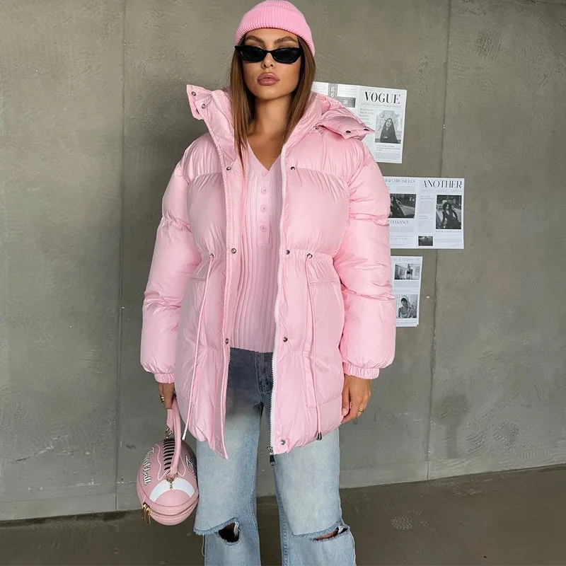 2026 Giacca in cotone con cappuccio tinta unita con risvolto grande di nuova moda con design a cravatta Cappotto invernale ampio con due tasche pratiche Disponibile