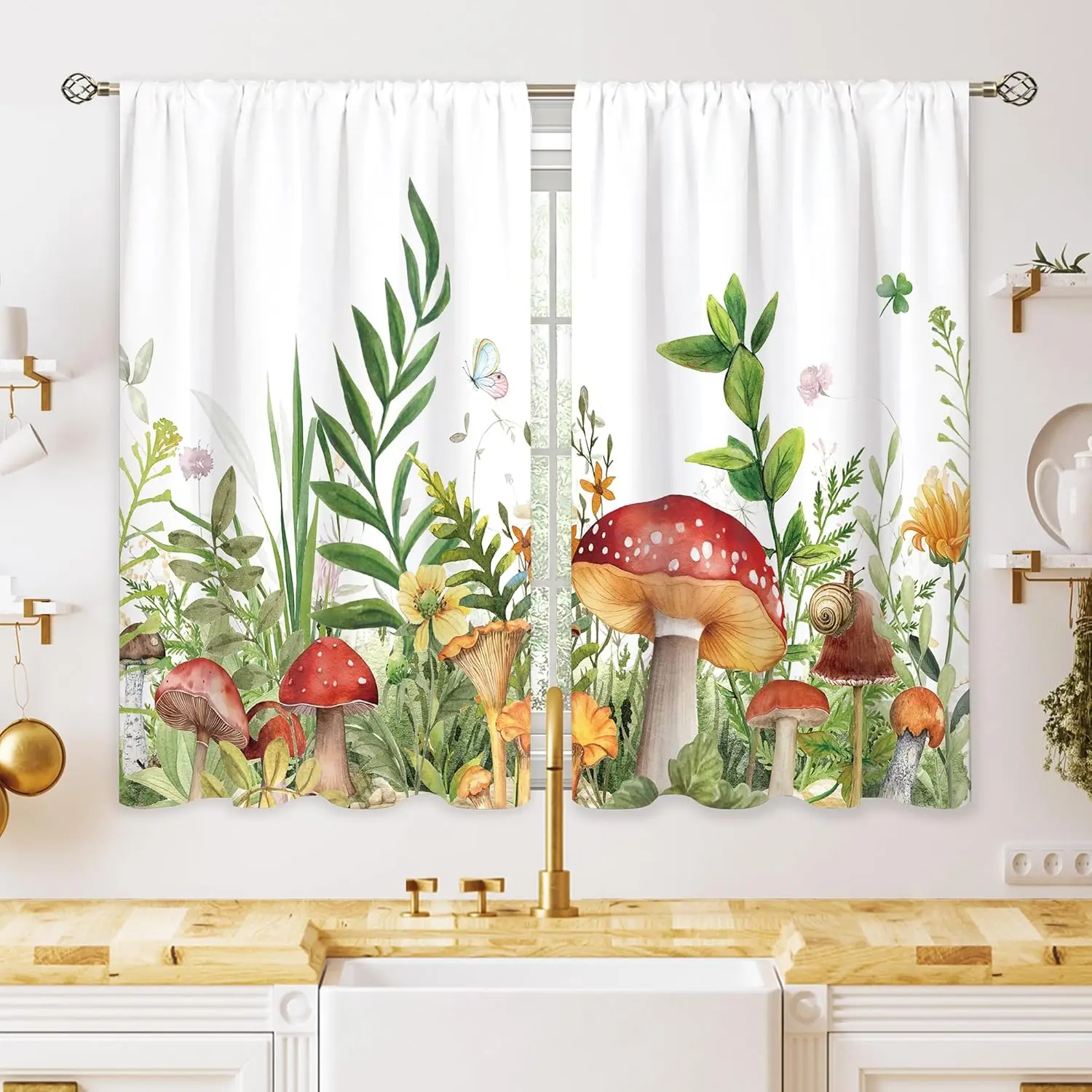 White Base Fly Agaric Mushroom Curtain Watercolor Wild Bloom Butterfly Print Drape  Kitchen Sink Soft Fresh Pastoral Farmhouse