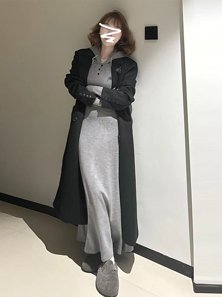 

Gray Hooded Sweatshirt Dress Women's Early Spring Coat Inner Match Waist Cinching Long Skirt Sweet Japanese Style High Waist ...