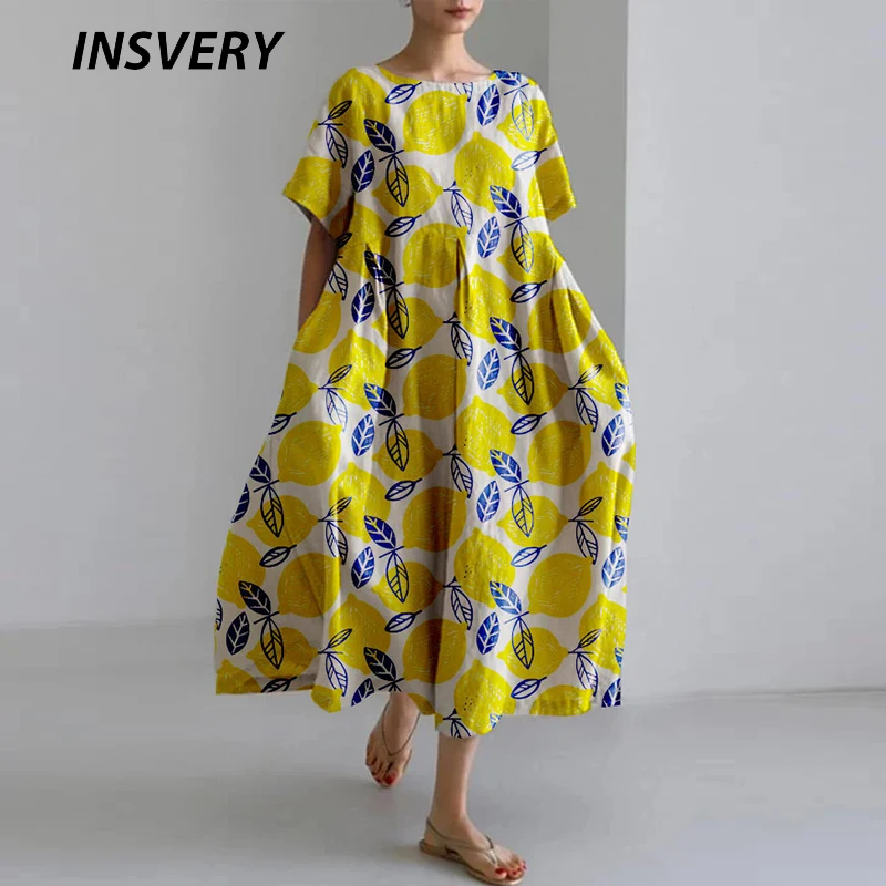 

Summer Casual Flower Printed Long Dress Women O Neck Loose Maxi Dresses For Women Pocket Party Dress