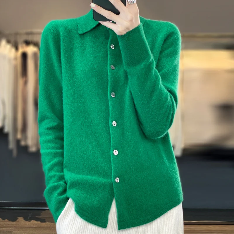 Women Merino Wool Sweater Polo Collar Tailored Cardigan Autumn Winter Cashmere Casual Knitwear Loose Soft Jacket Bottoming Tops