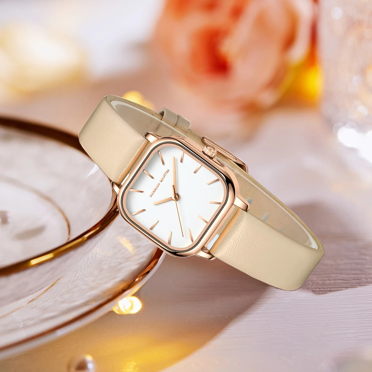 Hannah Martin Square Women Watch Fashion Rose Gold Leather Minimalist Style Girls Clock Quartz Movement Casual Waterproof Watch