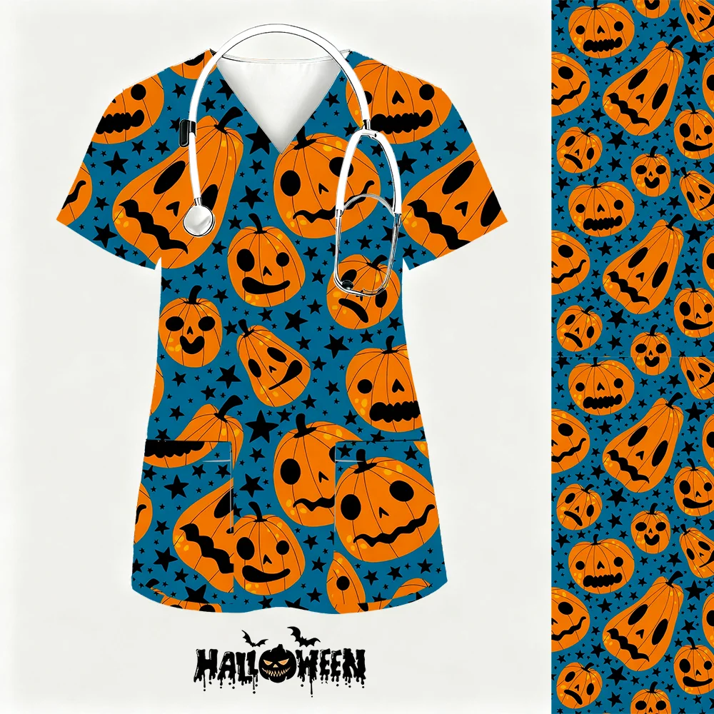 

Female 2025 New Halloween Printed Loose V-Neck Pocket Short Sleev Uniform Surgical Scrubs Nurse Veterinary Workwear