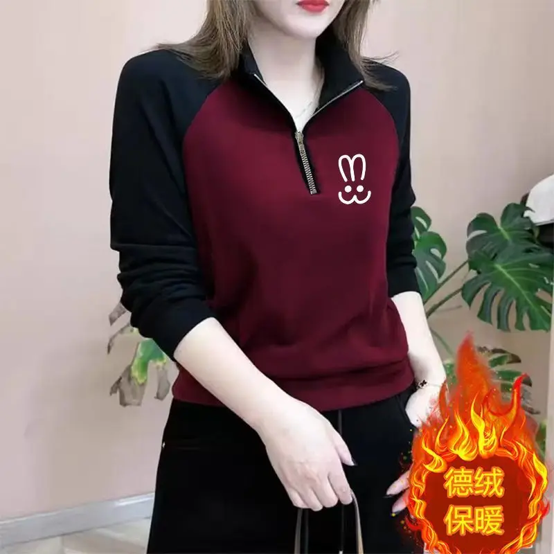 

Women Clothing Plus Size Contrast Print Vintage Tops Long Sleeve Zipper Street Casual T Shirts Fashion Harajuku Autumn Winter