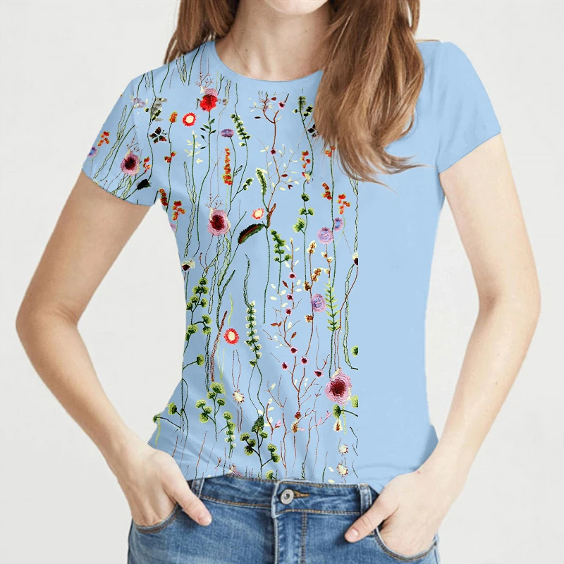 Women\'s Floral Wildflower Graphic O-Neck T Shirt Summer Flower Casual Loose Top Cottagecore Short Sleeve Shirts Tees